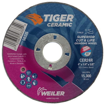 Weiler 4" x 1/4" TIGER CERAMIC Type 27 Grinding Wheel CER24R 5/8 A.H. 58335